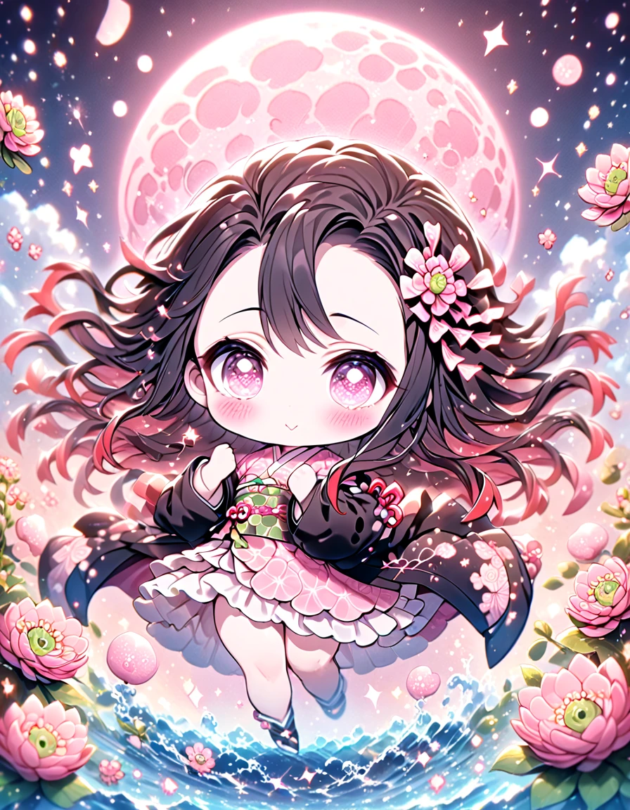 absurdres, highres, ultra detailed, HDR, master piece, best quality, extremely detailed, Kamado Nezuko chibi, black hair, expressive pink eyes, Kimetsu No Yaiba, solo, cute, black haori, pink kimono, fantasy, water, sparkling, pink glittering fireflies, pink moon, pink blossoms, pink chrysanthemums, pink sparkling lights, starry sky