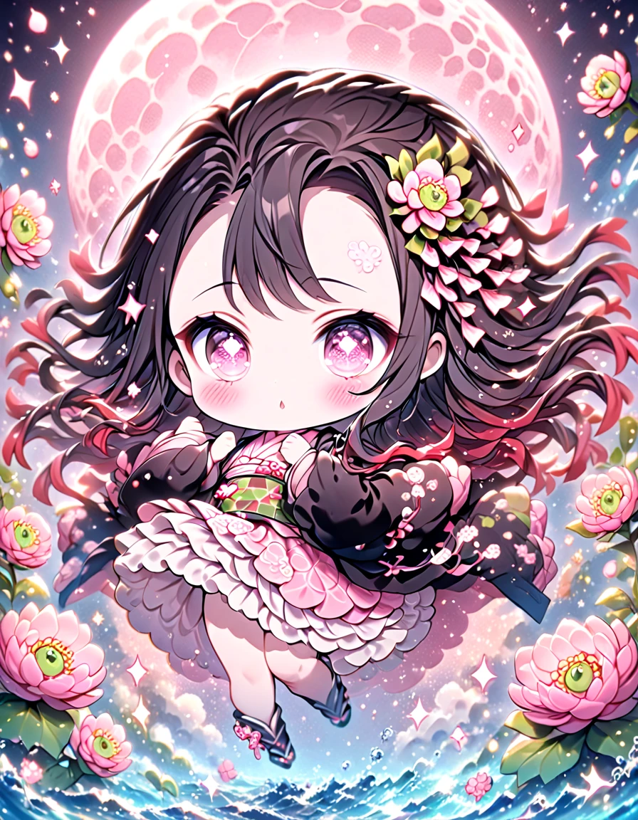 absurdres, highres, ultra detailed, HDR, master piece, best quality, extremely detailed, Kamado Nezuko chibi, black hair, expressive pink eyes, Kimetsu No Yaiba, solo, cute, black haori, pink kimono, fantasy, water, sparkling, pink glittering fireflies, pink moon, pink blossoms, pink chrysanthemums, pink sparkling lights, starry sky