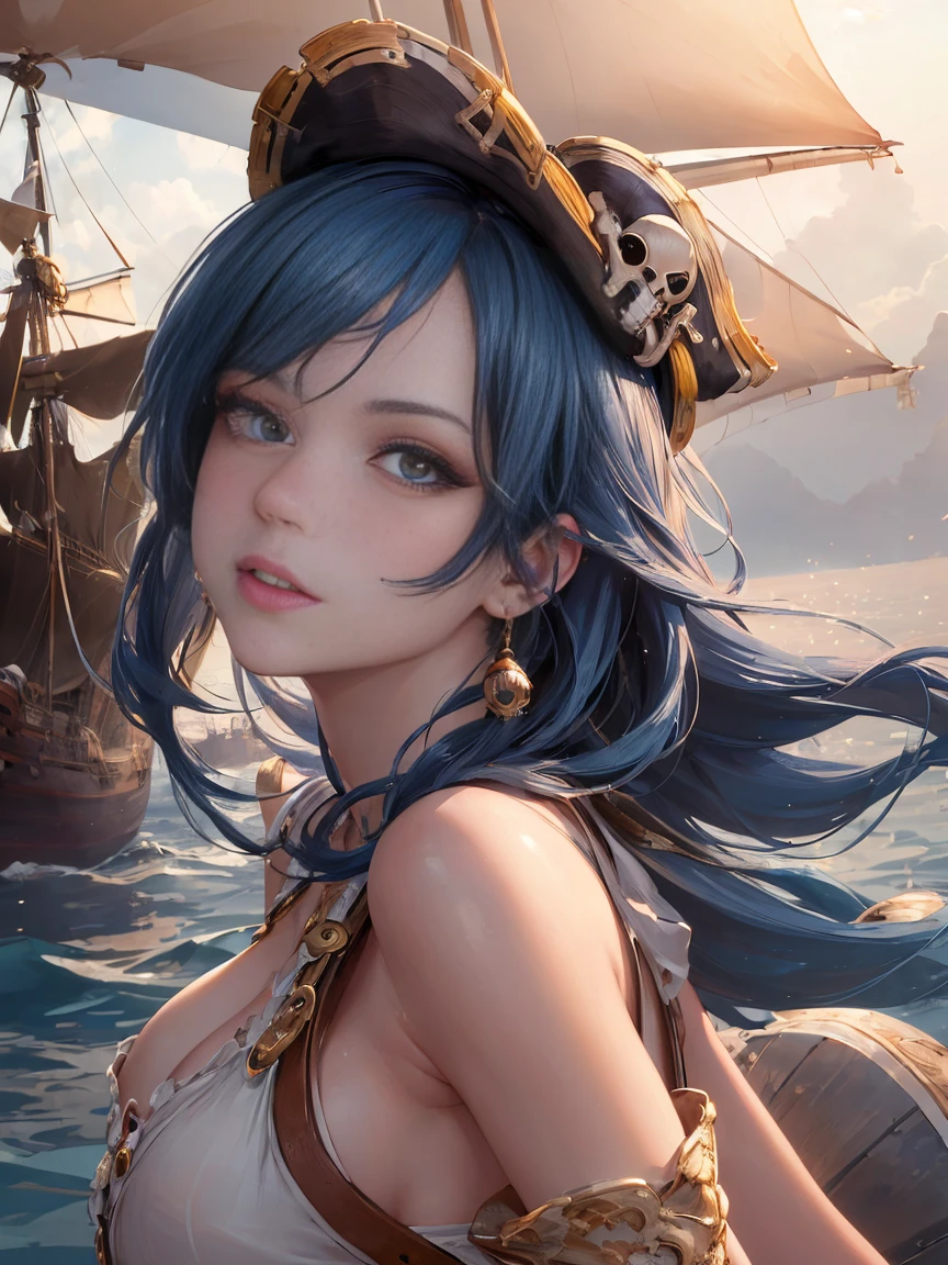 (masterpiece, 最high quality:1.4), (pirate ship), (From the back:1), (One girl), (alone), (head to waist photo) (European youth:1), Blue Hair (Fashion Hair:1.3), Nefertari Vivi from One Piece, hyperRealistic, Skin with attention to detail, Digital SLR, Soft lighting, high quality, Highly detailed face, Highly detailed eyes, Highly detailed skin, Skin pores, Scattered beneath the surface, Apply blush all over the face, Highly detailed face, Highly detailed eyes, Beautiful Face, Fuller lips, Detailed Background, Depth of written boundary, Volumetric lighting, Sharp focus, Realistic proportions, Excellent anatomy, (Realistic, hyperRealistic:1.4), 16k hdr, Dawn