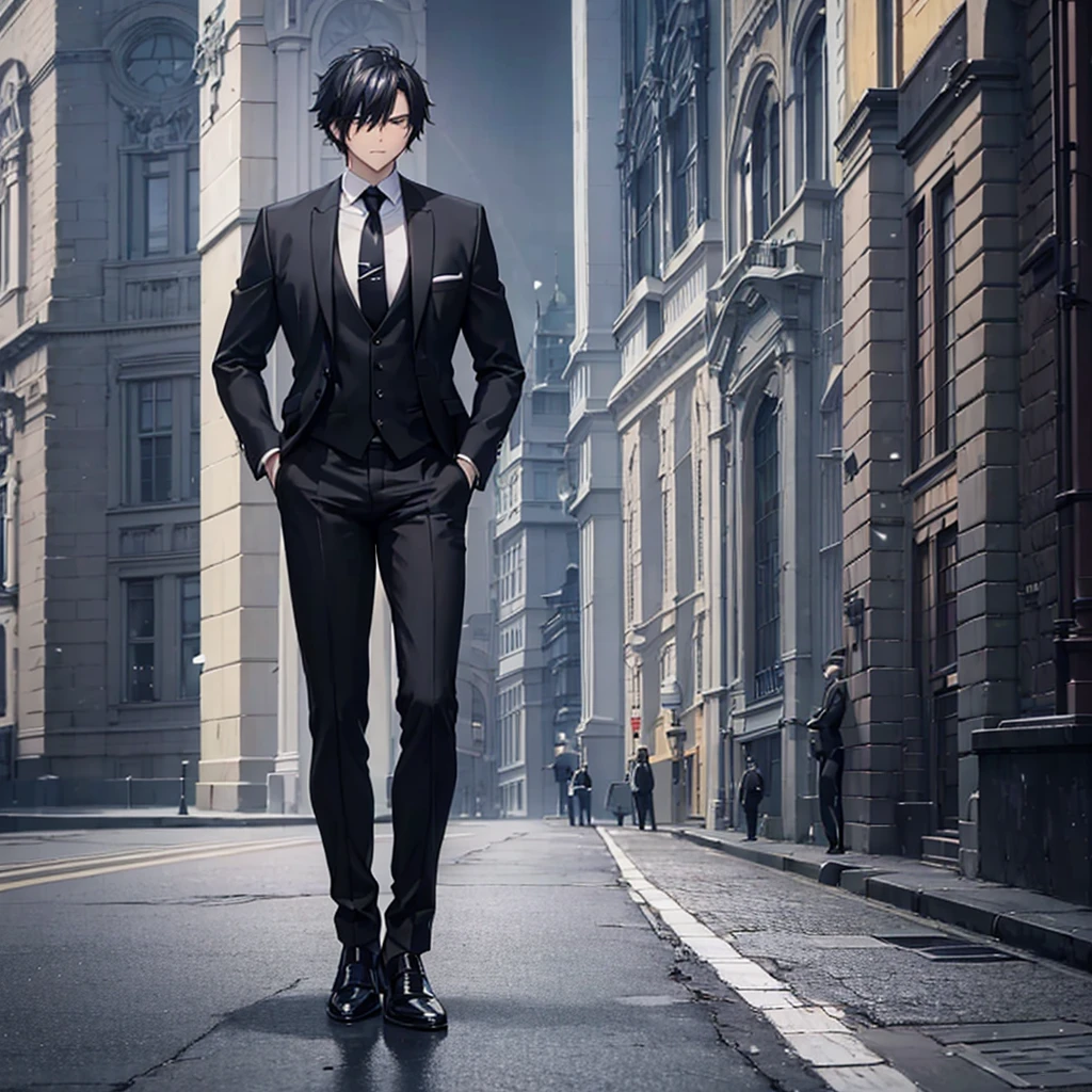 A man wearing a black suit and black tie, black hair, black pants, black shoes, muscular, full body