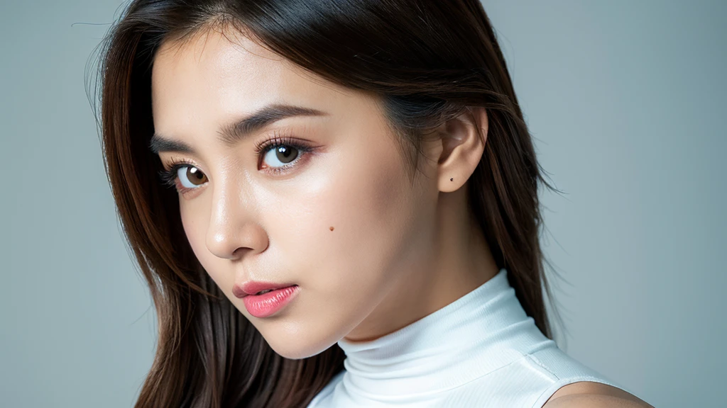 (Detailed face),(vivid),White sleeveless top and turtleneck,4K,Ultra-high resolution,(Photorealistic:1.7),Black long hair,White Background,