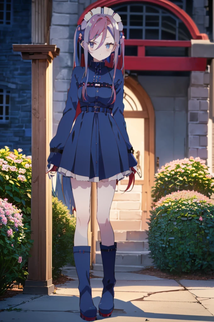 ((split-color hair,red hair,blue hair)),[(garden background:1.4)::5],original,(illustration:1.1),(best quality),(masterpiece:1.1),(extremely detailed CG unity 8k wallpaper:1.1), (colorful:0.9),(mid shot:0.95),(full body:1.5),Dynamic angle,(solo:1.2), (girl),((adult)), (detailed beautiful eyes:1.15), (beautiful face:1.15), (glowing red eyes:1.25////),((medium hair)),((split-color hair,red hair,blue hair)),(high twintails),(chignon),(+perfect hand+:1.21),(Draw an illustration of a gothic girl),(Religious),(slender),(is wearing boots on her feet),((is wearing white maid clothes)),(furious), Lace Off-shoulder lolita fashion,beautiful slender woman,high twintails,((split-color hair,red hair,blue hair)),((split-color hair,red hair,blue hair)),from side,((split-color hair,red hair,blue hair)),((split-color hair,red hair,blue hair)),((black long boots)),((black long boots)),((black long boots)),