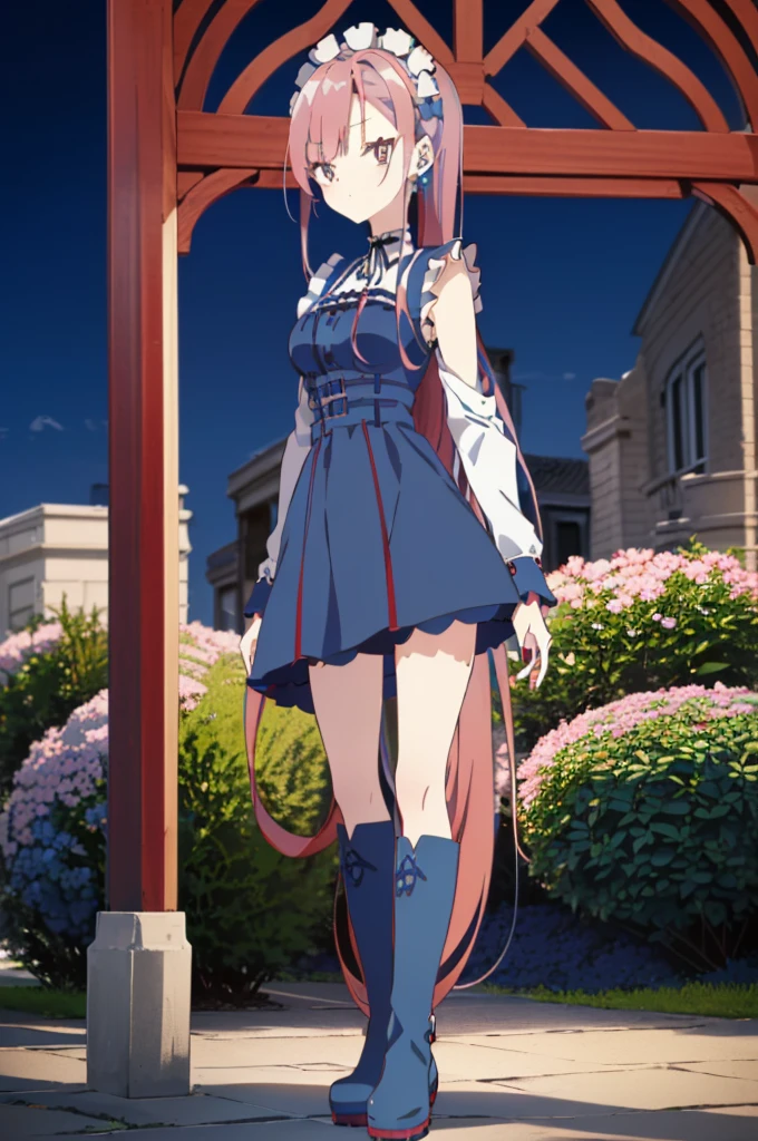 ((split-color hair,red hair,blue hair)),[(garden background:1.4)::5],original,(illustration:1.1),(best quality),(masterpiece:1.1),(extremely detailed CG unity 8k wallpaper:1.1), (colorful:0.9),(mid shot:0.95),(full body:1.5),Dynamic angle,(solo:1.2), (girl),((adult)), (detailed beautiful eyes:1.15), (beautiful face:1.15), (glowing red eyes:1.25////),((medium hair)),((split-color hair,red hair,blue hair)),(high twintails),(chignon),(+perfect hand+:1.21),(Draw an illustration of a gothic girl),(Religious),(slender),(is wearing boots on her feet),((is wearing white maid clothes)),(furious), Lace Off-shoulder lolita fashion,beautiful slender woman,high twintails,((split-color hair,red hair,blue hair)),((split-color hair,red hair,blue hair)),from side,((split-color hair,red hair,blue hair)),((split-color hair,red hair,blue hair)),((black long boots)),((black long boots)),((black long boots)),