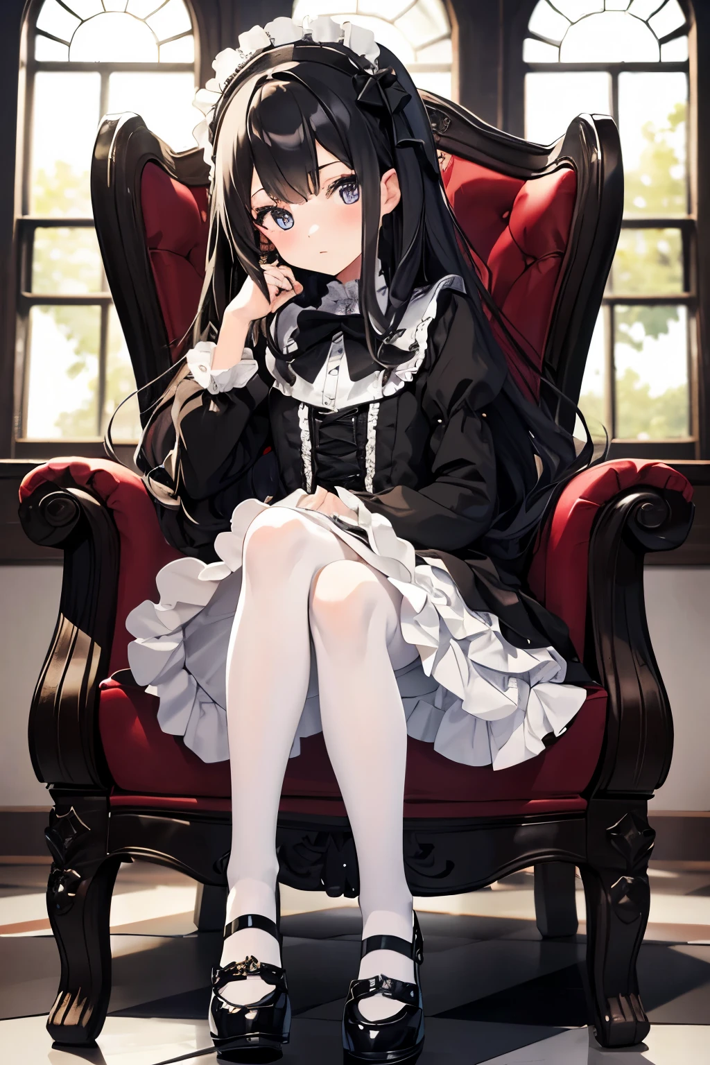 HDR,1 girl, gothic lolita, , long black hair,  sitting on royal white chair, Her feet do not touch the floor