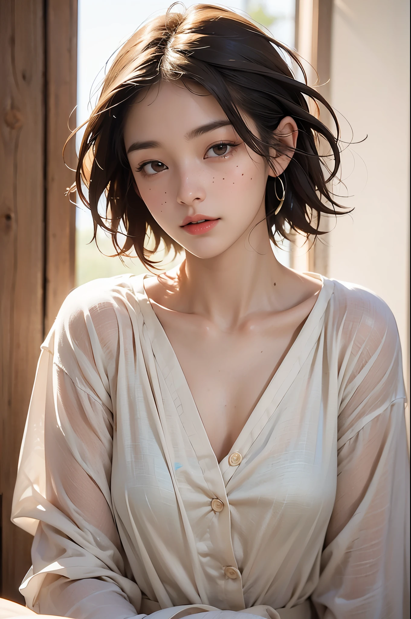 best quality, masterpiece, Ultra-high resolution, (Reality:1.4), RAW photos, insBrowntphoto, Snapshot, Jal, short hair, Zygomatic bone, Brown, freckle, close up, ,
