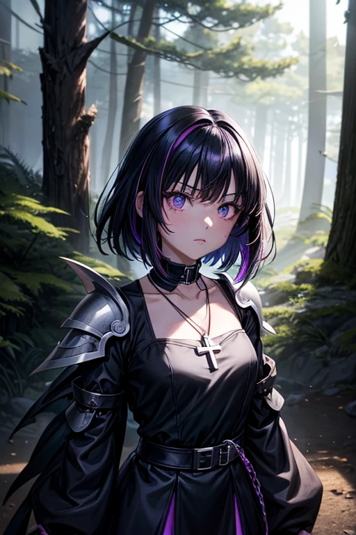 raven in background shadow covered girl, covered in shadows, lack shadows in background Anime girls, carrying katana, anime, short black hair with neon purple highlights, hair is above shoulder height, smooth beautiful, 4k, anime art, pendant on hair, cross t necklace, vivid black dress, battle armor, Deep in the forest there are stone angels all black and dark, anime dark styler,girl walking forward