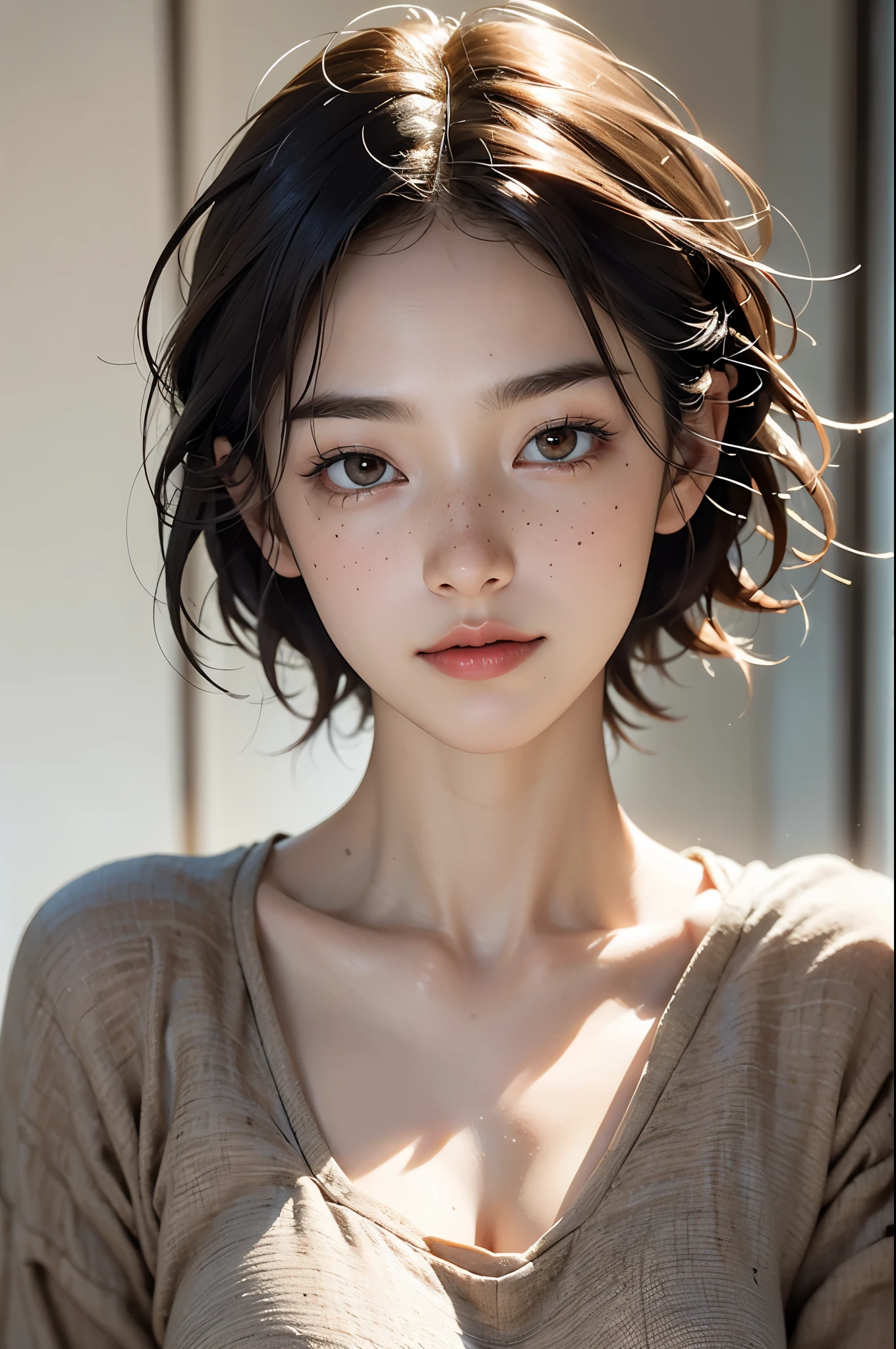 best quality, masterpiece, Ultra-high resolution, (Reality:1.4), RAW photos, insBrowntphoto, Snapshot, Jal, short hair, Zygomatic bone, Brown, freckle, close up, ,