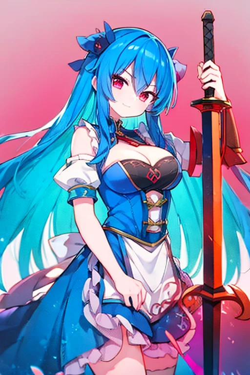 (masterpiece),best quality, perfect face, 1girl, beautiful, legendary hero girl, blue armor, blue long hair, Red eyes, evil smile, medium breast, cleavage, holding a sword, looking at viewer, fantasy background,