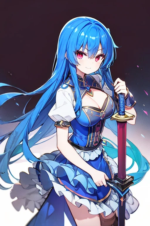 (masterpiece),best quality, perfect face, 1girl, beautiful, legendary hero girl, blue armor, blue long hair, Red eyes, evil smile, medium breast, cleavage, holding a sword, looking at viewer, fantasy background,