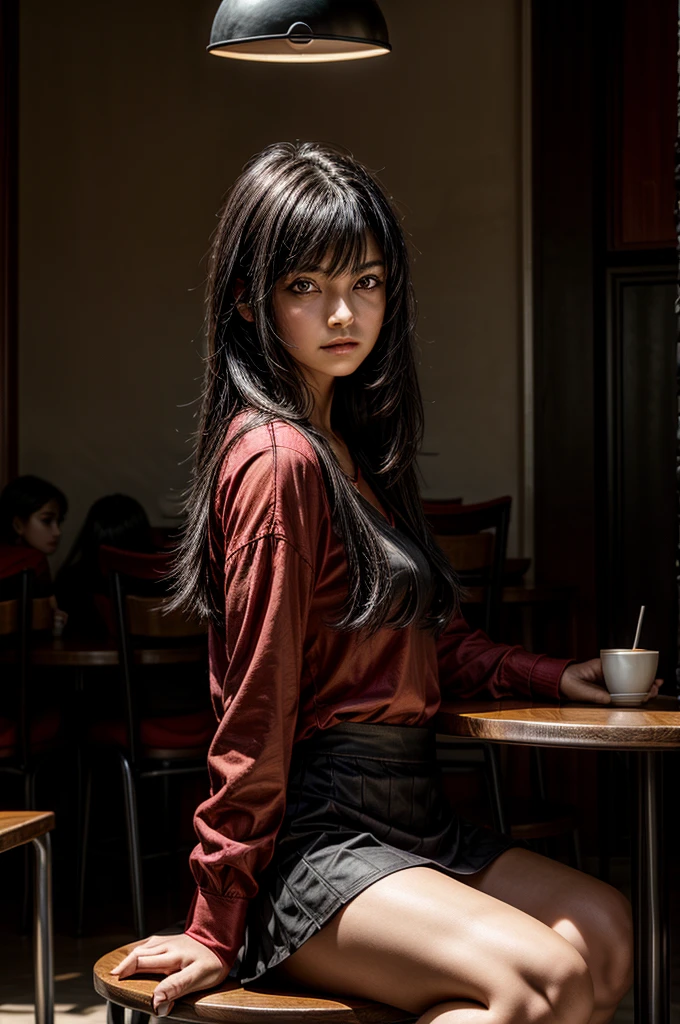 1 girl, red shirt, black skirt, cafe table, sunrise, black hair, straight hair, yellow eyes, solo, sitting on chair, looking at viewer, dramatic lighting, coffee on table, round breas