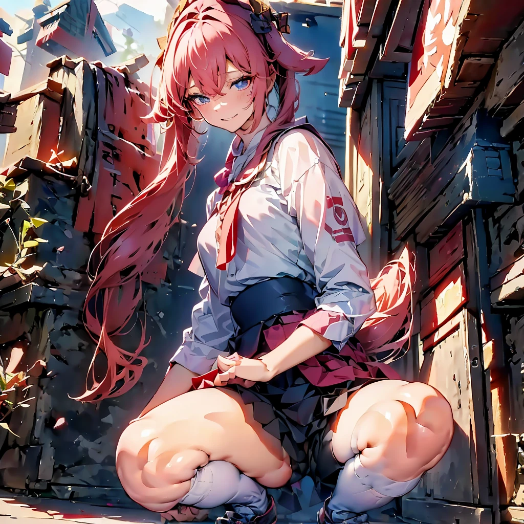Girl with dark red hair with two short pigtails、Anime character wearing white shirt and black pants.,White background,empty background,No background, 米霍约艺术Style, Popular topics on cgstation, anime cover, poster, fashion poster, Style, 引人注目的漫画艺术Style, pixivStyle, !!broken into pieces!!, beautiful Style, poster Style, Official character illustrations, 引人注目的细致艺术Style, gas station trends