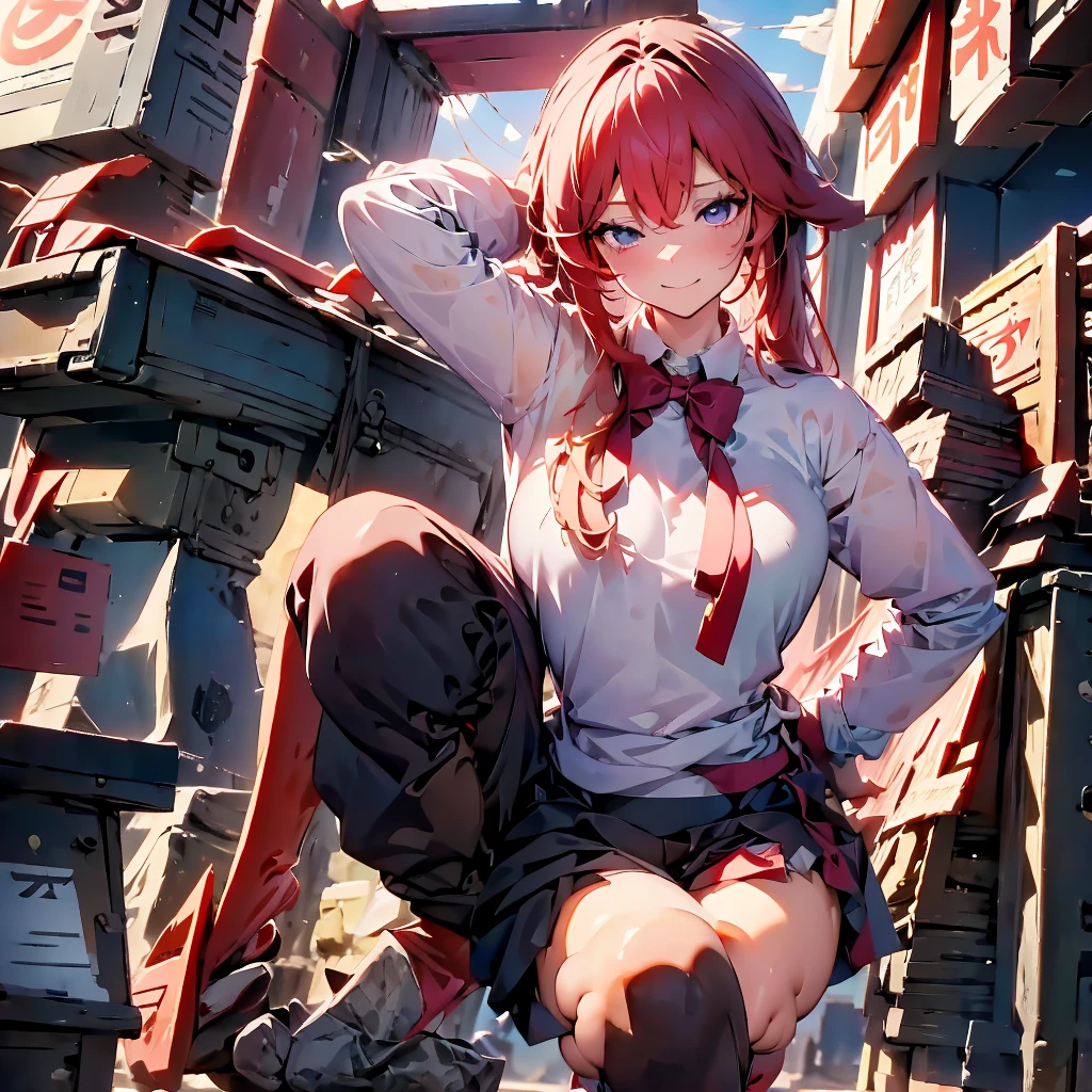 Girl with dark red hair with two short pigtails、Anime character wearing white shirt and black pants.,White background，empty background，No background， 米霍约艺术Style, Popular topics on cgstation, anime cover, poster, fashion poster, Style, 引人注目的漫画艺术Style, pixivStyle, !!broken into pieces!!, beautiful Style, poster Style, Official character illustrations, 引人注目的细致艺术Style, gas station trends
