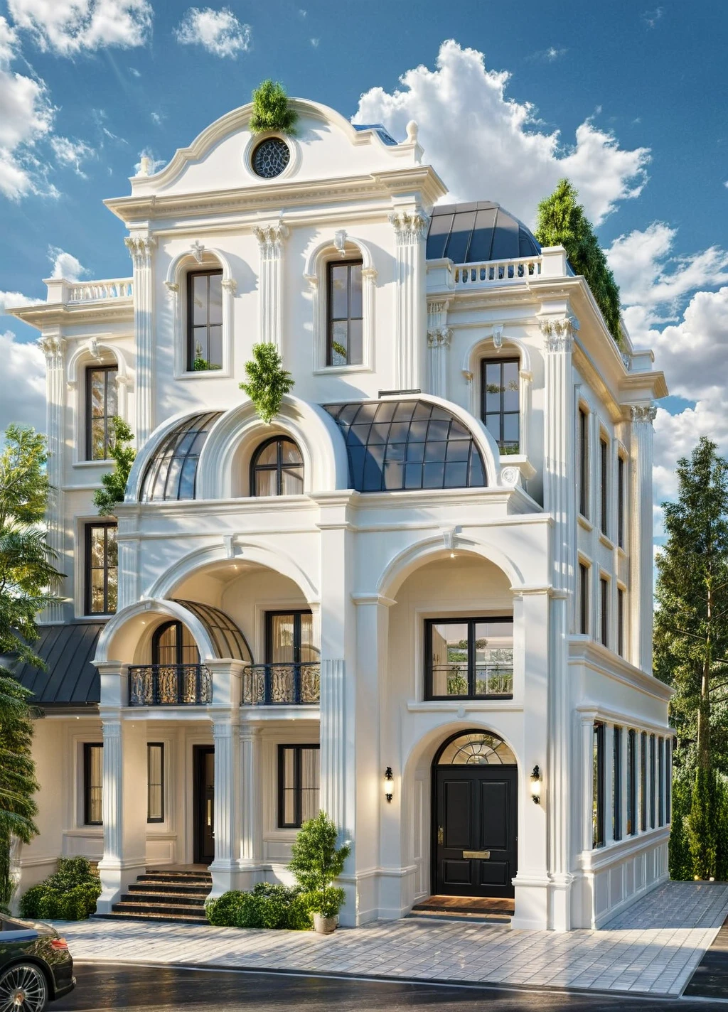 Architectural style Architectural style,  ((Classic Style House)),(masterpiece) , ((best quality)), dramatic lighting, high quality outdoors, sky, day, cloud, tree, blue sky, building, scenery, road, real world location,  sunlight, enough detail, high resolution,super realistic, Photorealistic, highly detailed, balcony, plants, door, car, truck, parking slot, paving, . Clean lines, architectural drawing, highly detailed  , . Clean lines, geometric shapes, minimalist, modern, architectural drawing, highly detailed