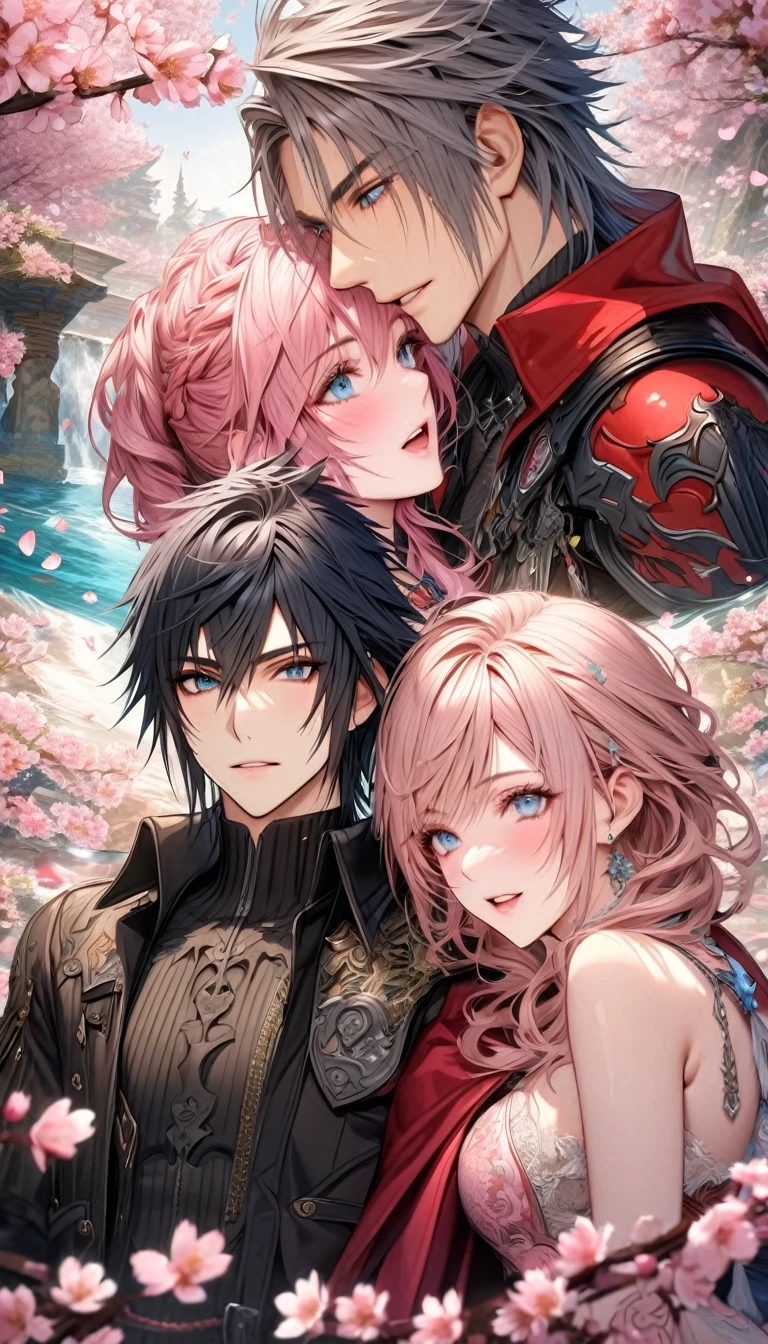 Ultra detailed, HDR, Highres, absurdres, master piece, Claire Farron, wavy pink short hair, expressive aqua pale eyes, Lightning Farron, Final Fantasy XIII, Noctis Lucis Caelum, black hair, expressive blue eyes, Final Fantasy XV, a beautiful woman together with a handsome man, couple, love, water, fantasy, magical, white feathers, pink petals, best quality, white and black clothes with patterns, red cape, blossoms, pink flowers, cherry blossoms
