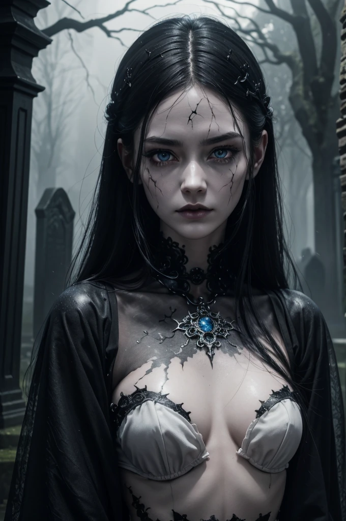 A hauntingly beautiful gothic figure emerges from the gloom, a broken doll of a woman with a cascade of black hair and piercing blue eyes. Scars mar her delicate features, and intricate tattoos adorn her pale skin. Clad in somber gothic attire, she stands amidst the rain-soaked gravestones, a vision of eerie elegance. This high-quality image, perhaps a painting or photograph, captures the melancholic beauty of a mysterious and enigmatic character, drawing viewers into her captivating presence. visible bloddy scar on the face, thunder in the sky, body halve shatterd porcelan, the other halve is of flesh and blood giving her a creepy allure, Anime Semi-realistic