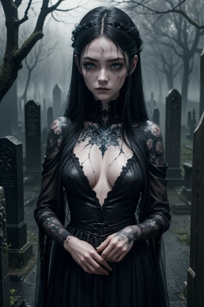 A hauntingly beautiful gothic figure emerges from the gloom, a broken doll of a woman with a cascade of black hair and piercing blue eyes. Scars mar her delicate features, and intricate tattoos adorn her pale skin. Clad in somber gothic attire, she stands amidst the rain-soaked gravestones, a vision of eerie elegance. This high-quality image, perhaps a painting or photograph, captures the melancholic beauty of a mysterious and enigmatic character, drawing viewers into her captivating presence. visible bloddy scar on the face, thunder in the sky, body halve shatterd porcelan, the other halve is of flesh and blood giving her a creepy allure, Anime Semi-realistic