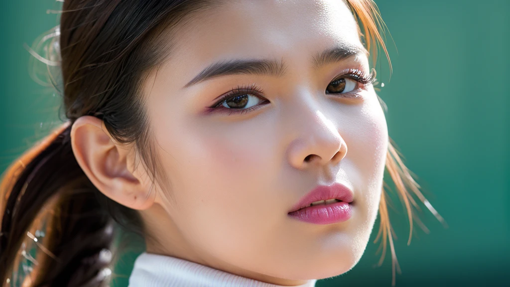 (Detailed face),(vivid), Turtleneck sleeveless sporty lightweight(White)Clothes,4K,Ultra-high resolution,(Photorealistic:1.7),Black long hair,Whiteの背景,