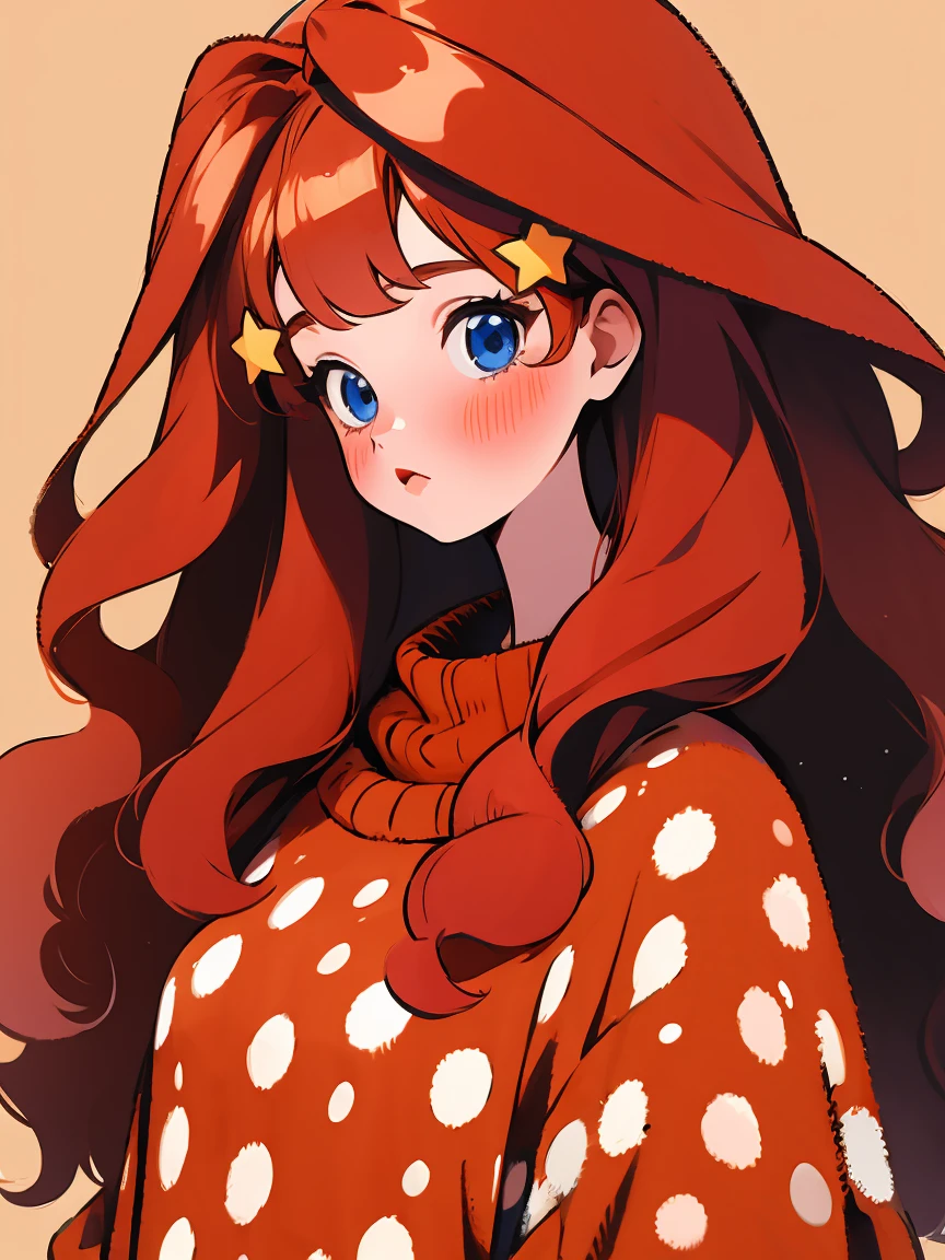 (masterpiece, best quality:1.2), 1 girl, alone，red wavy hair，Light fluffy long hair，bow headband，star hairclips, blue eyes, ichika nakano, polka dot sweater，Sweater details，clean background