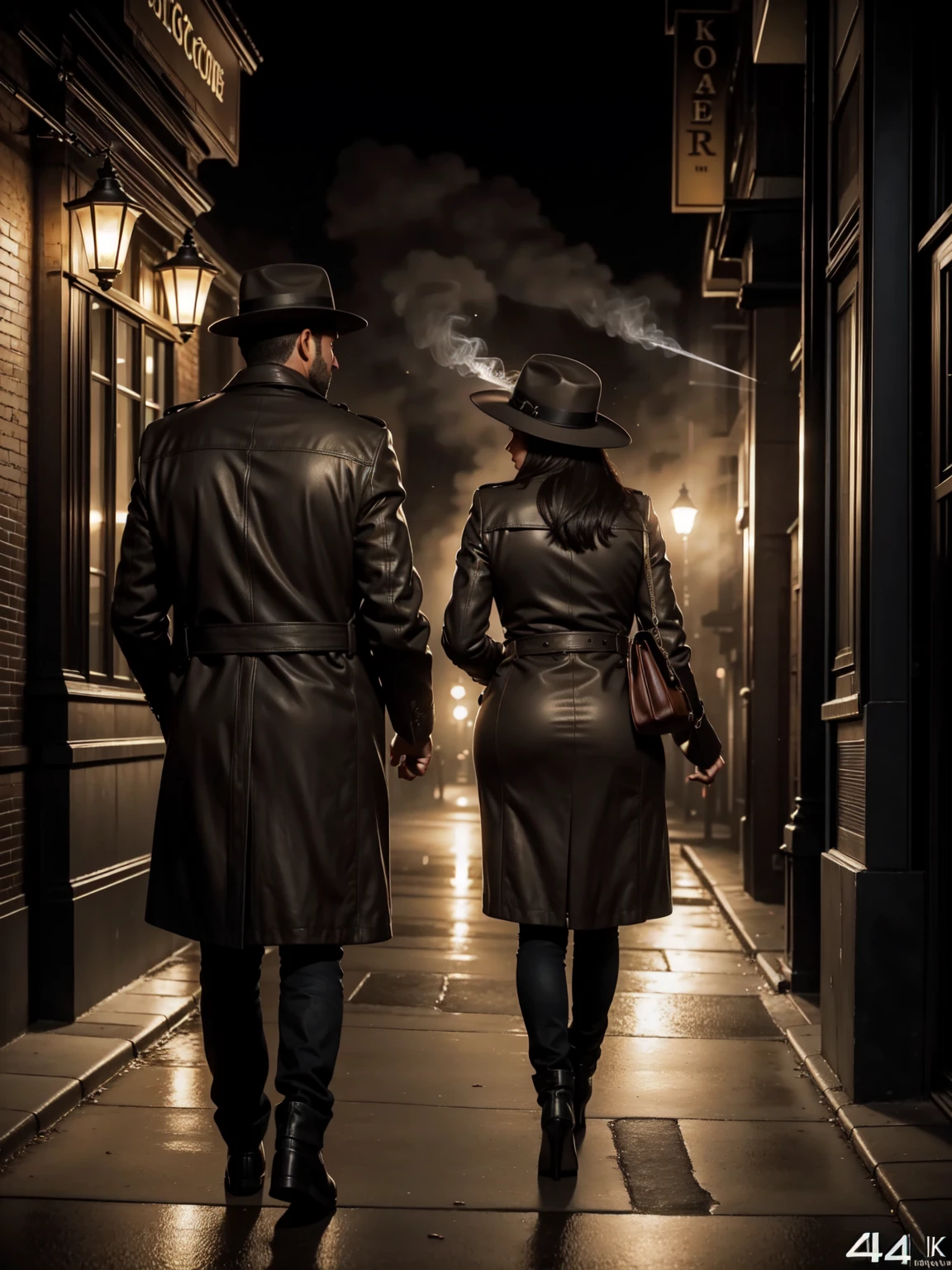 Gas lamps smoky in the fog, the streets of Chicago late at night with dawn still far away, hard-boiled, film noir, black-and-white movies, the end of an unsatisfactory relationship. A departing woman and a man who has given up. A middle-aged detective in a worn light brown trench coat and soft felt hat, with scruffy stubble, and a client who has no hesitation in his calculations and self-preservation, a femme fatale with a seductive, voluptuous and strong sex appeal. Without even looking at the back of the departing woman, the man lit up the cigarette he had been eating., realistic, 4k, high quality, ultra realistic, sharpen image, full body, Highly detailed ,
