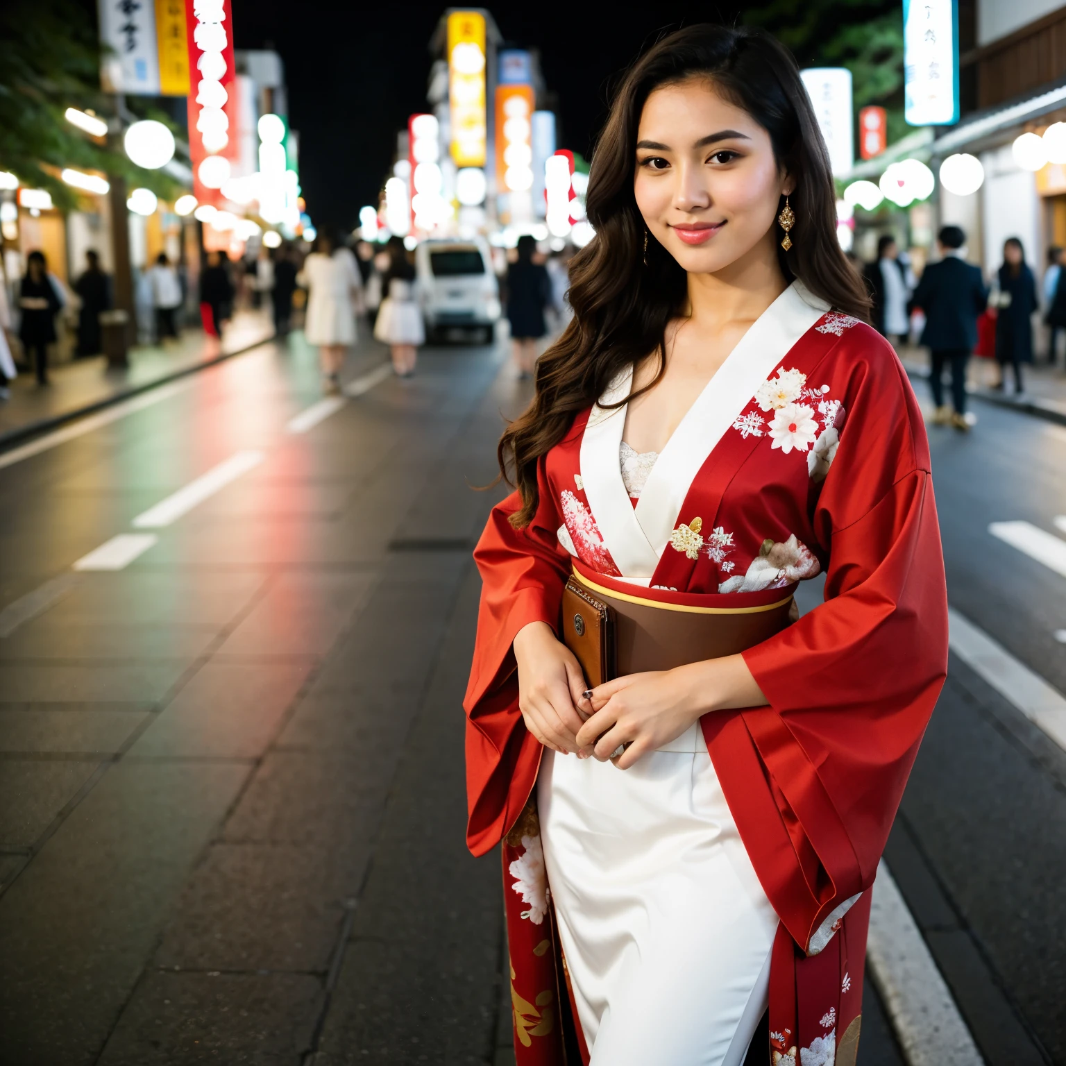 ((best quality)), ((masterpiece)), (detailed), full body portrait of a young latin woman with wavy dark hair, flawed skin and a slender body type, posing in a beautiful colored japanese kimono, on a street in Ueno, Tokyo, at night, perfect face, perfect hands, five fingers, shot with Sony Alpha A6500 1.4f, bokeh, highly detailed, masterpiece,