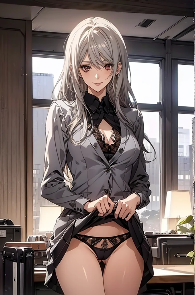 (Highest quality, High resolution, Very detailed), 1 female, Silver Hair, Long Hair, Reddish brown eyes, office staff suit skirt, lace thong, secretary, 24th generation, Beautiful woman, mature, thin, quiet, Calm, Large Breasts, A small smile, office,
