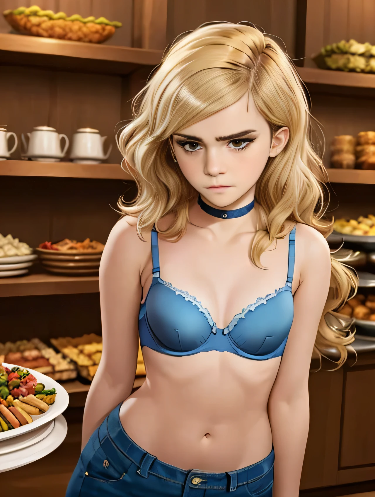 Emma Watson, (Emma Watson:1.3), masterpiece quality, best quality, realistic, (realistic:1.3), detailed, realistic, 1girl, alone, (solo:1.9), 20 years old, young beautiful face, at a buffet, (buffet:1.5), in a tavern, lots of food in background, lots of meat in background, food on shelves in background, long hair, (platinum hair:1.5), wearing blue bra, (blue bra:1.5), wearing blue jeans, (blue jeans:1.5), wearing choker collar, small breasts, (small breasts:1.5), thin body, worried, (worried:1.5),