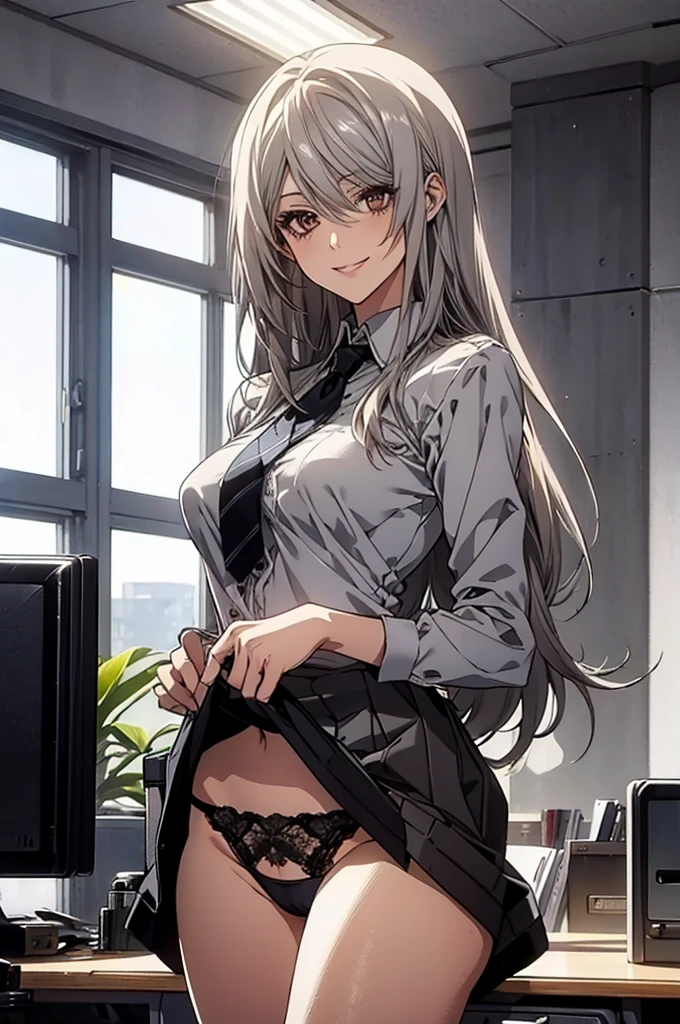 (Highest quality, High resolution, Very detailed), 1 female, Silver Hair, Long Hair, Reddish brown eyes, suit skirt, lace thong, secretary, 24th generation, Beautiful woman, mature, thin, quiet, Calm, Large Breasts, A small smile, office,
