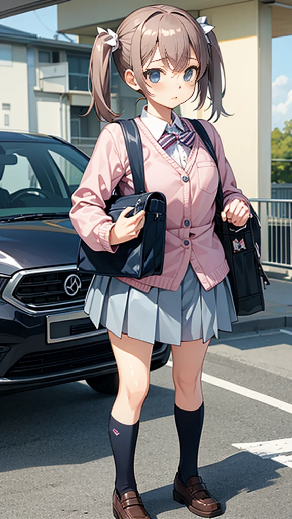 1girl, standing, roki_hirokix style, house, , school bag, twintails, car, carrying bag