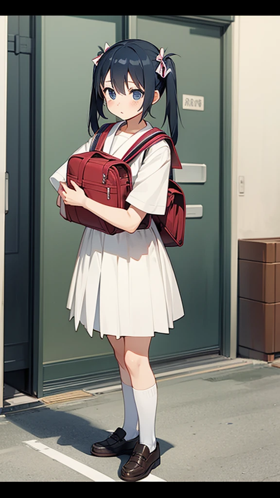 1girl, standing, roki_hirokix style, house, , school bag, twintails, car, carrying bag