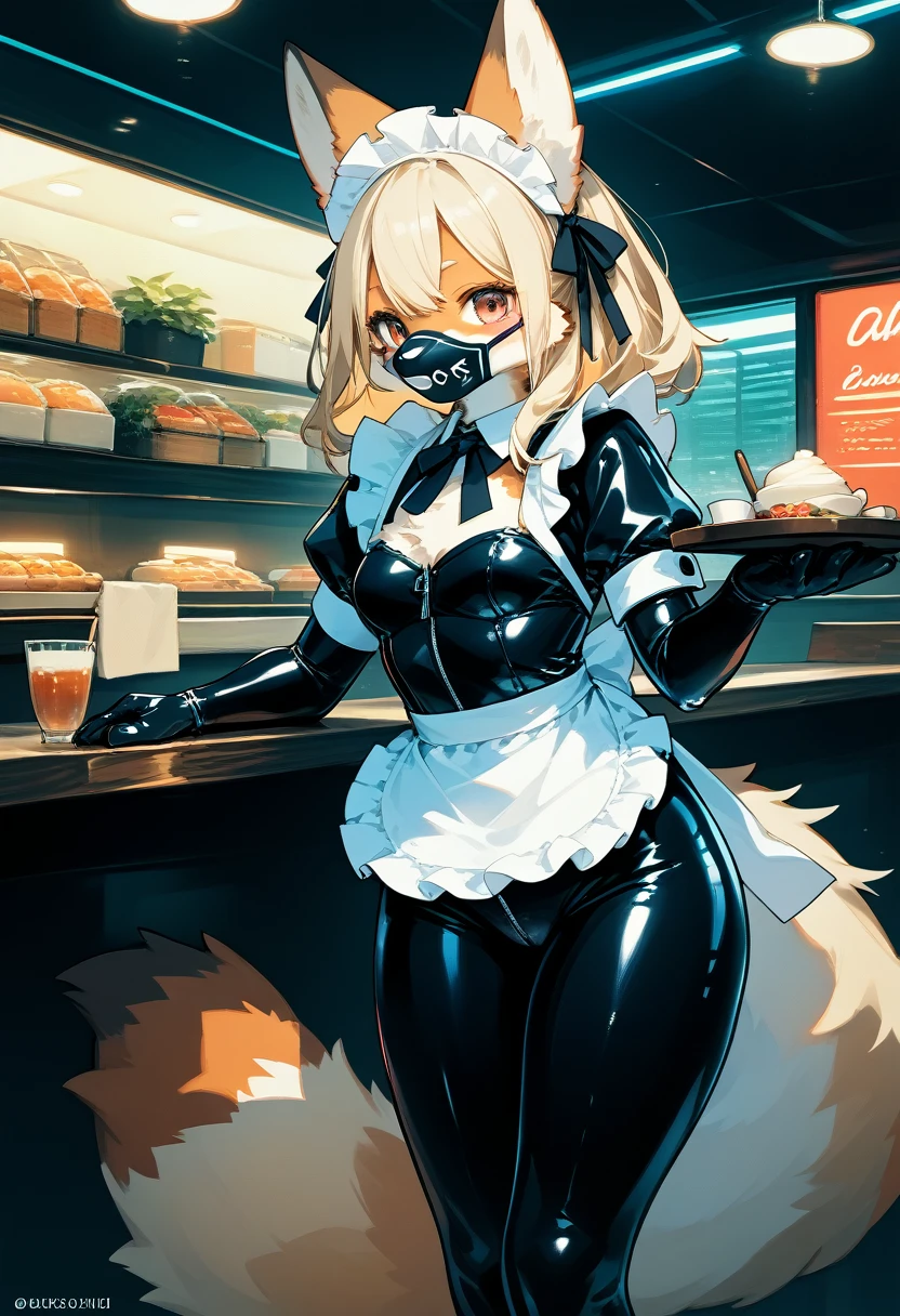 Highest quality, Highest quality, High quality illustrations, masterpiece, Ultra-high resolution, Detailed Background, Cafe, Absurd, Perfect Anatomy, performance, Good lighting, Shadows in the movies(kemono, Furry Personifi猫ion), Blueskin, Rubber suit, Rubber suit, latex, neon, neonライト, neonカラー, Rubber maid outfit, ribbon, Rubber mask
