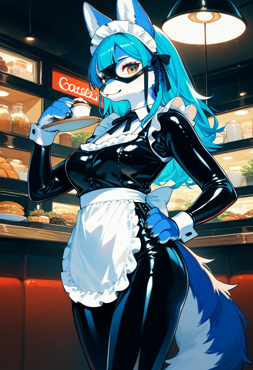 Highest quality, Highest quality, High quality illustrations, masterpiece, Ultra-high resolution, Detailed Background, maid Cafe, Bottle, Absurd, Perfect Anatomy, performance, Good lighting, Shadows in the movies(kemono, Furry Personifi猫ion), Rubber suit, Rubber suit, latex, neon, neonライト, neonカラー, Purple Rubber Maid Outfit, ribbon, Rubber mask