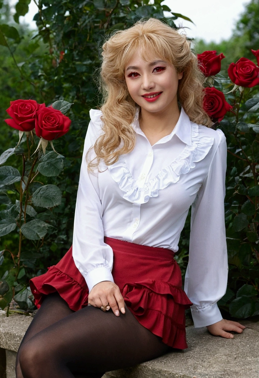 masterpiece, Highest quality,  Absurd, View your viewers, alone, Rita Rossweisse (A Midsummer Night&#39;s Dream), Rita Rossweisse, shirt, pantyhose, Red Rose, Red eyes, Blonde, Long sleeve, Mole under the eye, Hair on one eye,  frilled shirt, white shirt,  Captivating smile,  (Urzan-6500:0.8), Long Hair, Day, 屋外  black pantyhose