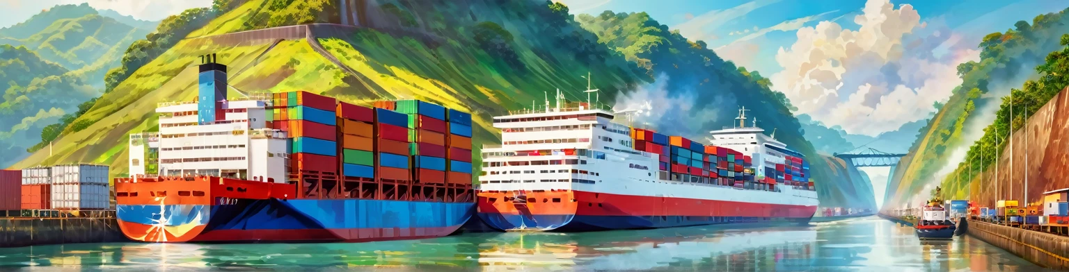 Panama Canal, paint, double exposure, (textura de paint:1.2), (Masterpiece:1.2), Best Quality, (hyperdetailed, more detailed:1.2), high resolution textures, beautiful landscape, Very detailed, very clear, (Panama Canal), vivid colors, HD, multicolor style, precioso barco de buques pasando el Panama Canal