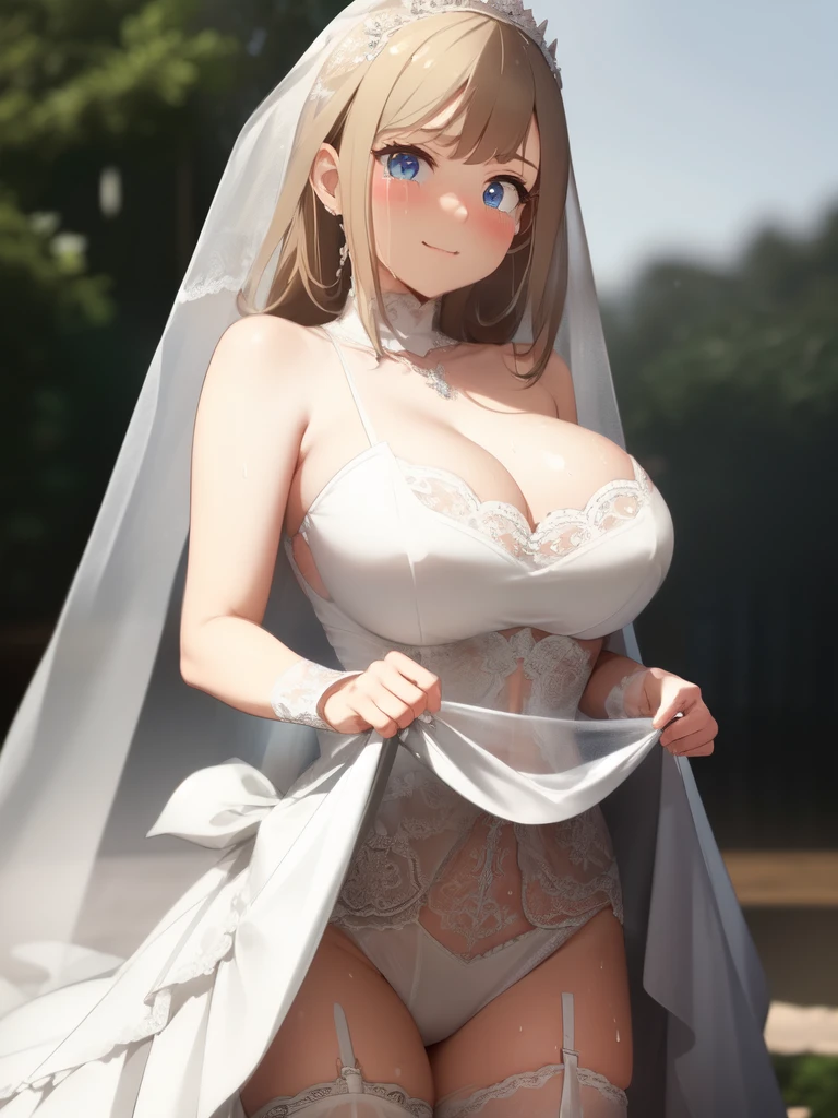 1 girl,,,round face,big eyes,Drooping eyes,large breasts,pointy breasts,cleavage,blush,embarrassed,underboob,crying smile,wet,photorealistic,nero,see through,(((white wedding dress))),(((clothes lift))),spread arms,open legs,