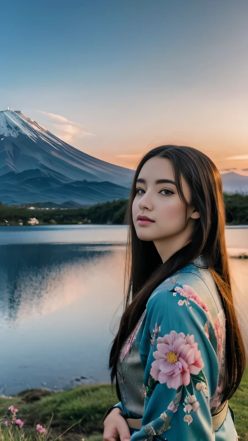 best quality, masterpiece, extremely detailed, detailed background, detailed eyes, anime, 1girl, beautiful eyes, young girl, long hair girl, expressive face, kimono, retro, mount fuji lansdscape, outdoors, sunset, beautiful sky, lake picnic, landscape, scenery, horizon, mountain sitting near mountain, wind, flower petal, spring, looking away, atmospheric lighting, reflection, naturalistic, detail, realism. relaxation, beauty, solo focus, close up, from side, depth of field, bokeh