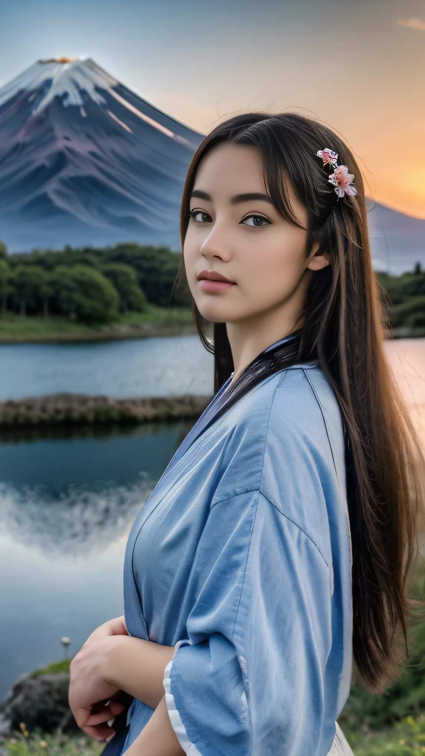 best quality, masterpiece, extremely detailed, detailed background, detailed eyes, anime, 1girl, beautiful eyes, young girl, long hair girl, expressive face, kimono, retro, mount fuji lansdscape, outdoors, sunset, beautiful sky, lake picnic, landscape, scenery, horizon, mountain sitting near mountain, wind, flower petal, spring, looking away, atmospheric lighting, reflection, naturalistic, detail, realism. relaxation, beauty, solo focus, close up, from side, depth of field, bokeh