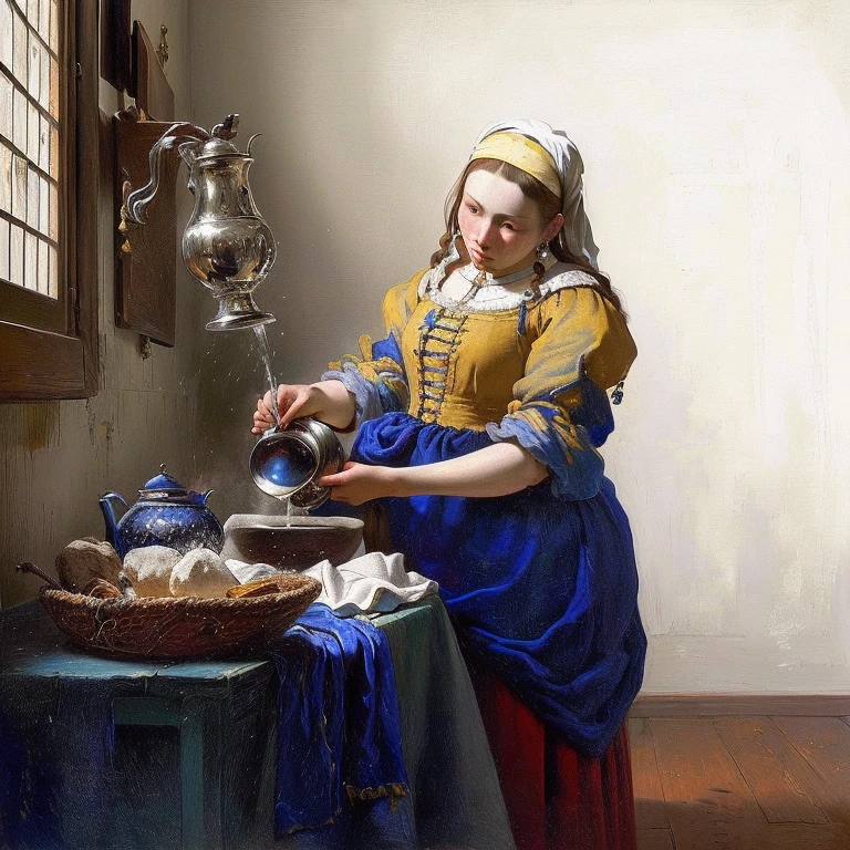 Arafed woman pouring water from a jug in the kitchen, Vermeer painting, Vermeer作, ヨハネス・Vermeer, jan Vermeer, ( ( ( ( ( Vermeer ) ) ) ) ), inspired ヨハネス・Vermeer, inspired Vermeer作, Vermeer lighting, Dutch masterpiece, Johannes Vemer, dutch style painting, Vermeer and caravaggio