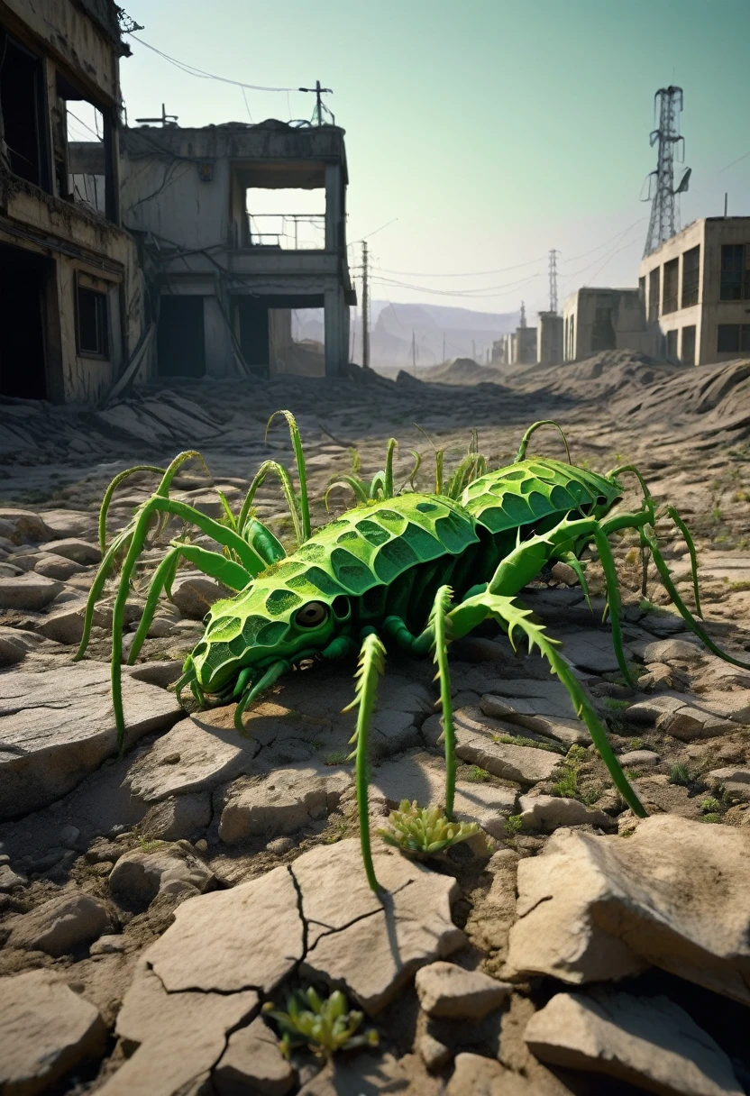 Teslati finds himself in a desolate and irradiated region, far from the colony and safe areas. The surrounding environment is dark and oppressive, typical of a highly irradiated zone after nuclear war. Location Characteristics: ground: The ground is arid and cracked, with little or no visible vegetation. There are areas of bumpy terrain, result of ancient explosions and erosion. Remains of old buildings, such as building foundations and collapsed walls, dot the landscape, offering limited coverage. atmosphere: The air is heavy with radioactive particles, creating an unhealthy greenish haze. There is an unsettling silence, broken only by the occasional sound of wind and rustling of small debris. fauna and Flora: There are almost no signs of animal life, but mutant creatures, like radscorpions and wild ghouls, can be found sporadically. Radiation-resistant mutant vegetation grows in some spots, with grotesque and fluorescent-looking plants. Shelters and Structures: Harold's makeshift cabin is a precarious shelter made from scrap metal., wood and metal parts. por dentro, there are a bunch of useful items, including medications, repair equipment and basic supplies. Harold also has a small generator that provides enough power for lighting and some tools.. scratchs: Hotspots of intense radiation can be found, requiring caution when moving around the site. Uneven terrain and debris can cause accidents and injuries if Teslati is not careful. Presence of marauders and mutated creatures poses a constant danger.