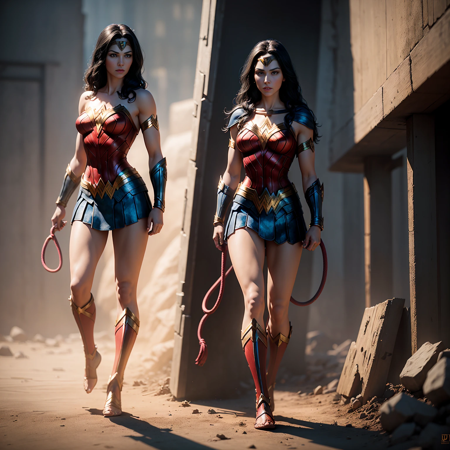 ((Full body photo, standing, feet on the ground))  Wonder Woman with her glowing Lasso of Truth, photo-realistic, octane render, unreal engine, ultra-realistic
