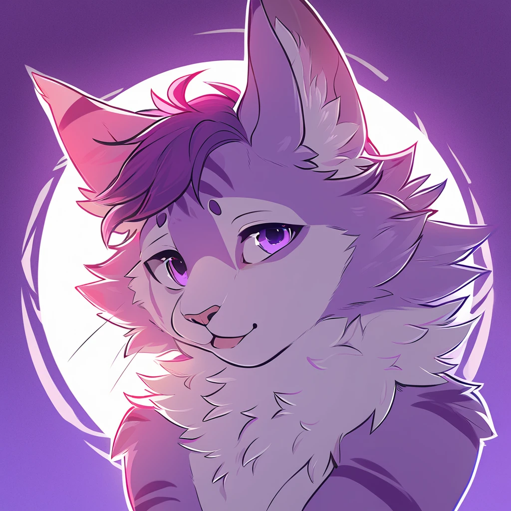 adult, feline, mammal, anthro, anthropomorphic, cat, striped, fur, striped_feline, fur, male, light_purple_fur, purple_hair, fluffy, white_chest, shy, small_pupils, digital_art, high_resolution, high_res, detailed, hand-drawn, pencil_lines, head_visible, background, neck_visible, seductive_face, detailed_line_work, profile_picture, head_visible, neptune_background, purple_background, cute, white, posing, finger_paws, dream_pose, headshot, head_only, small_pupils, seductive_face, tufts, paws, chest, glossy_fur, vibrant_colors, expressive_eyes, elegant_pose, high_quality