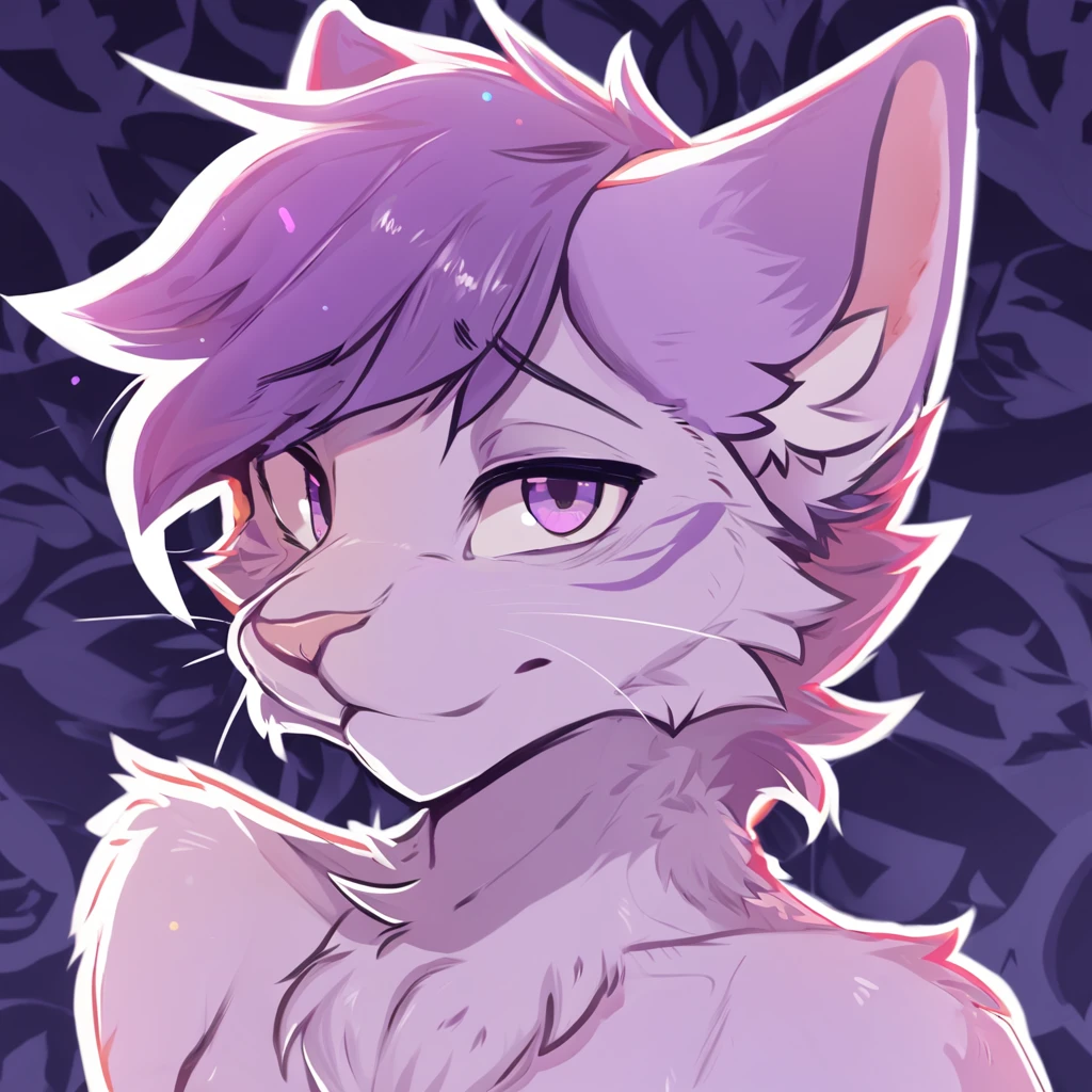 adult, feline, mammal, anthro, anthropomorphic, cat, striped, fur, striped_feline, fur, male, light_purple_fur, purple_hair, fluffy, white_chest, shy, small_pupils, digital_art, high_resolution, high_res, detailed, hand-drawn, pencil_lines, head_visible, background, neck_visible, seductive_face, detailed_line_work, profile_picture, head_visible, neptune_background, purple_background, cute, white, posing, finger_paws, dream_pose, headshot, head_only, small_pupils, seductive_face, tufts, paws, chest, glossy_fur, vibrant_colors, expressive_eyes, elegant_pose, high_quality