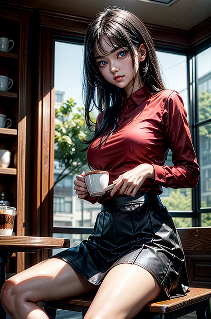 1 girl, red shirt, black skirt, cafe table, sunrise, black hair, straight hair, blue eyes, solo, sitting on chair, looking at viewer, dramatic lighting, coffee on table, round breast