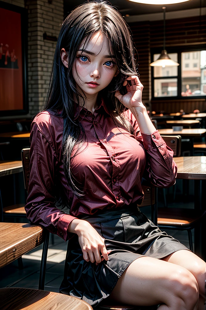 1 girl, red shirt, black skirt, cafe table, sunrise, black hair, straight hair, blue eyes, solo, sitting on chair, looking at viewer, dramatic lighting, coffee on table, round breast