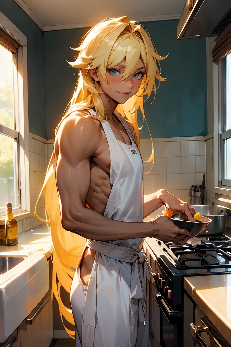 male character, young adult, fit lean body, himbo, tan skin, bubbly personality, long hair, on a kitchen, cooking something, bishonen, celshaded, bright and warm colors, homey vibe