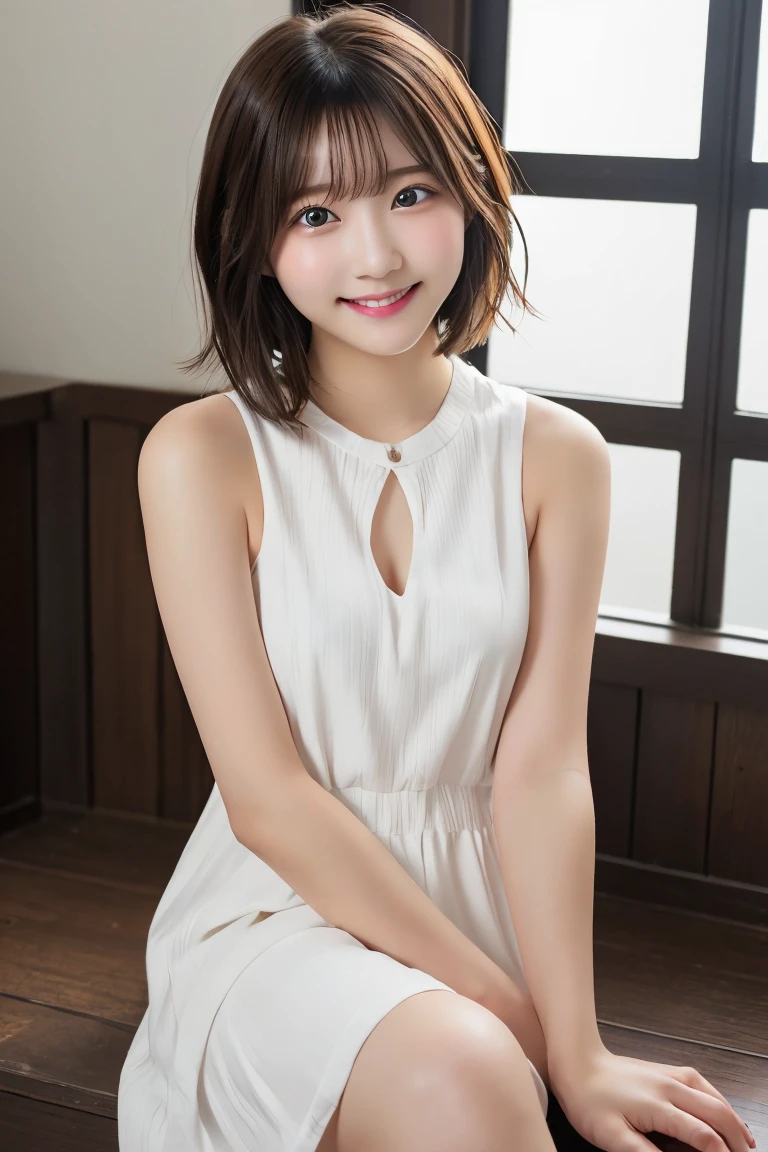 (Highest quality、masterpiece:1.9)、((Neat and clean female college student、1 person))、Soft lighting by a professional photographer、Natural light、((Very spacious white luxurious room:1.6))、((Bright white room:1.6))、(Sitting on a very luxurious white bed:1.2)、(White Bookcase:1.1)、Natural soft light、((Black Hair:1.1))、Fair skin、Detailed Eyes、double eyelid、Slightly puffy cheeks、((Small Face:1.0))、((Check One Piece、Grey mini skirt、Please wear it with the chest open.:1.1))、(smile)、((Girly pose 1.8))、High resolution,、((Short Hair:1.2))、((Full Body Shot:1.2))、Live-action image quality、((Height: 150cm))、Hands in front、Hide your hands between your legs、(bangs:1.1)、