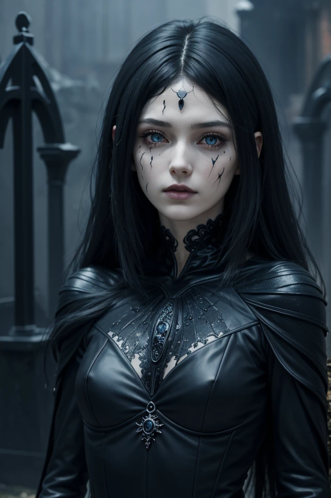 A hauntingly beautiful gothic figure emerges from the gloom, a broken doll of a woman with a cascade of black hair and piercing blue eyes. Scars mar her delicate features, and intricate tattoos adorn her pale skin. Clad in somber gothic attire, she stands amidst the rain-soaked gravestones, a vision of eerie elegance. This high-quality image, perhaps a painting or photograph, captures the melancholic beauty of a mysterious and enigmatic character, drawing viewers into her captivating presence. visible bloddy scar on the face, thunder in the sky, body halve shatterd porcelan, the other halve is of flesh and blood giving her a creepy allure, Anime Semi-realistic