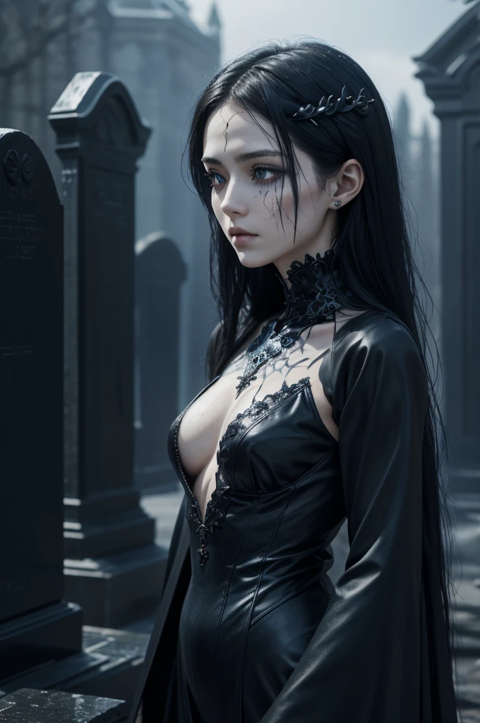 A hauntingly beautiful gothic figure emerges from the gloom, a broken doll of a woman with a cascade of black hair and piercing blue eyes. Scars mar her delicate features, and intricate tattoos adorn her pale skin. Clad in somber gothic attire, she stands amidst the rain-soaked gravestones, a vision of eerie elegance. This high-quality image, perhaps a painting or photograph, captures the melancholic beauty of a mysterious and enigmatic character, drawing viewers into her captivating presence. visible bloddy scar on the face, thunder in the sky, body halve shatterd porcelan, the other halve is of flesh and blood giving her a creepy allure, Anime Semi-realistic