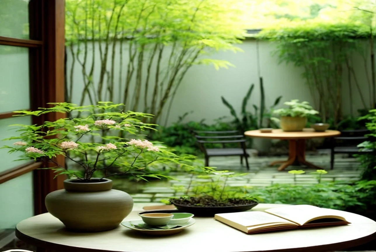 A serene indoor scene with a traditional Japanese garden in the background。On the central wooden round table、Green plants and flowers in ceramic pots are displayed.、An open book and a cup are placed on it。Behind the glass sliding door waterfall bamboo There is a beautiful garden with lush plants.。The overall scene exudes tranquility and natural beauty.。One screen and one table。