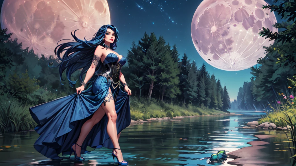 Ultra detailed (drag queen, goth, tan skin, lattin, long blue dress, corset, fashion, long dark blue hair, shallow river, wild, walking, pose, frogs, moon, magic, bottom up view, high heels over the knee)