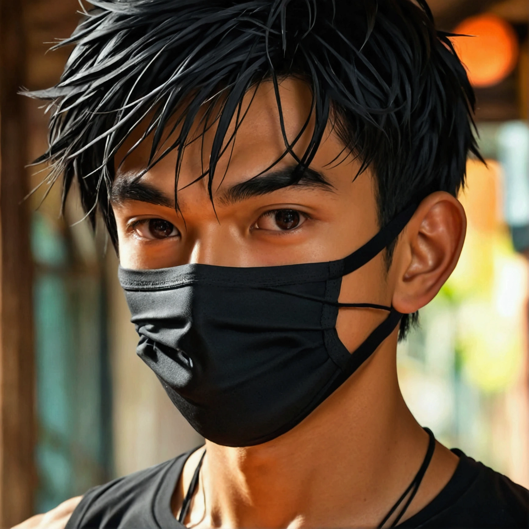 Young man with a Thai-Asian face,small eyes,Sharp eyebrows ,8K images,realistically,Wear a tight sports t-shirt.,Have muscles,Wear a black mask to cover your face.,Secondary hair style